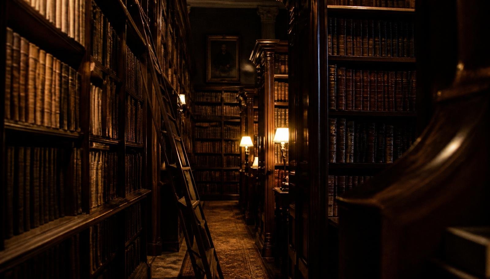 Corredor de estantes de uma biblioteca antiga iluminado por abajures